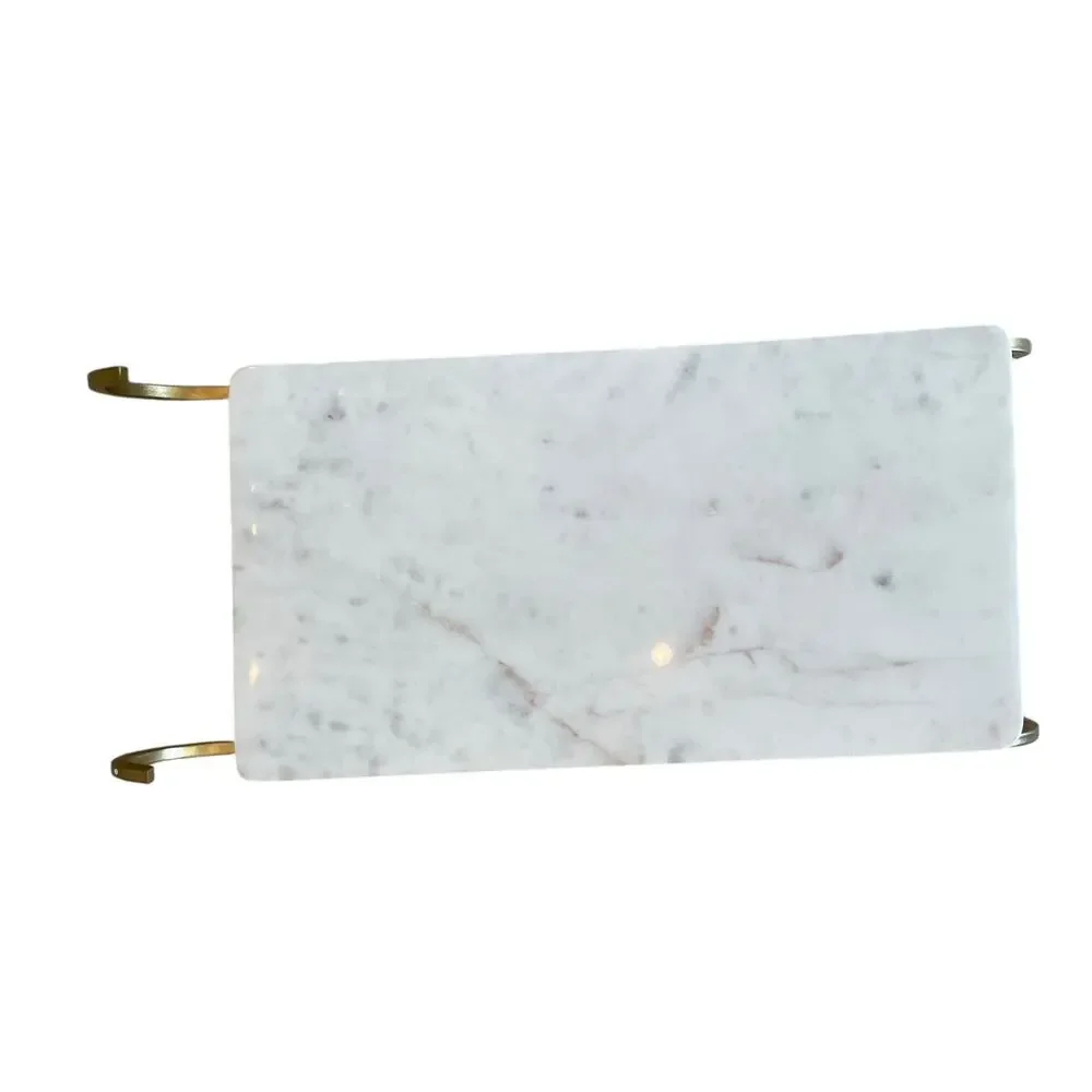 Marble Sledge Holiday Serving Tray 18x8 White & Gold Metal Handmade in India